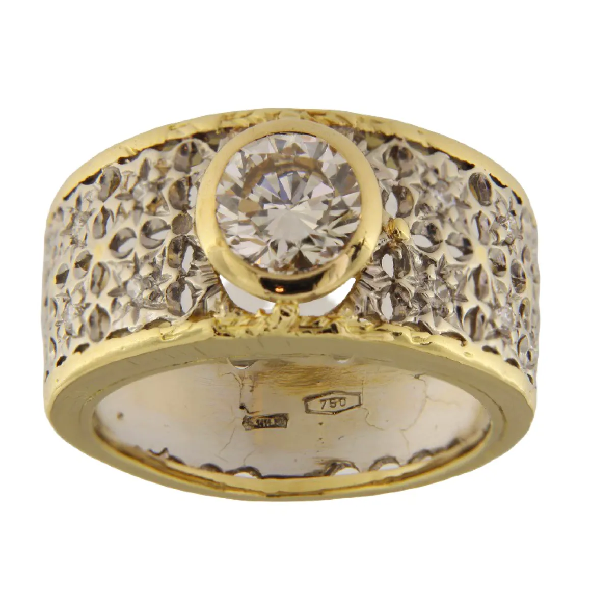 Anello fascia in oro giallo e bianco con diamanti