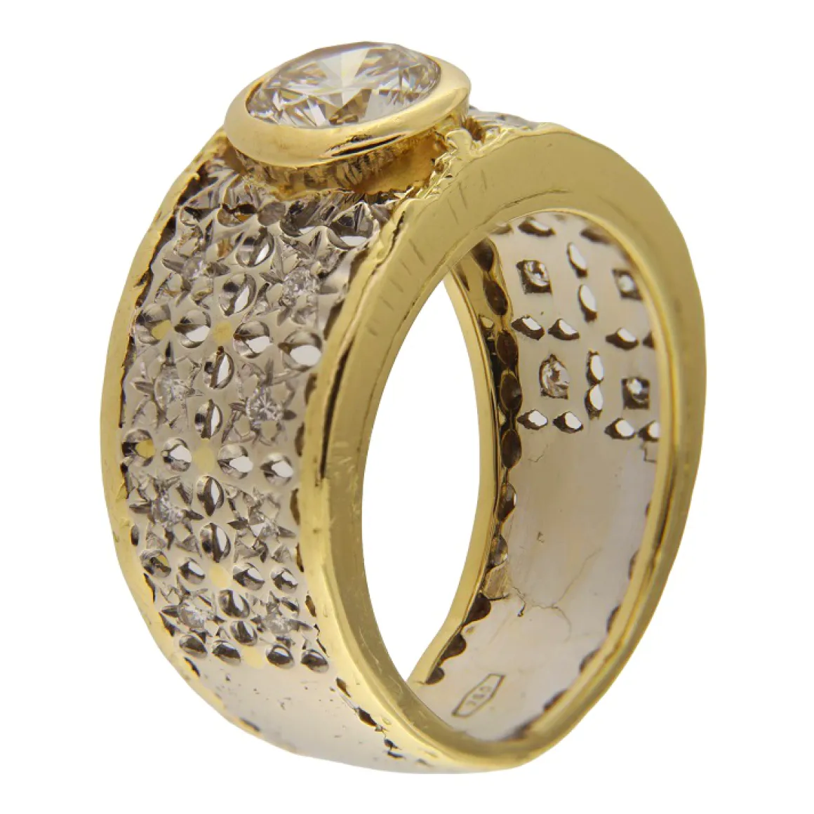 Anello fascia in oro giallo e bianco con diamanti