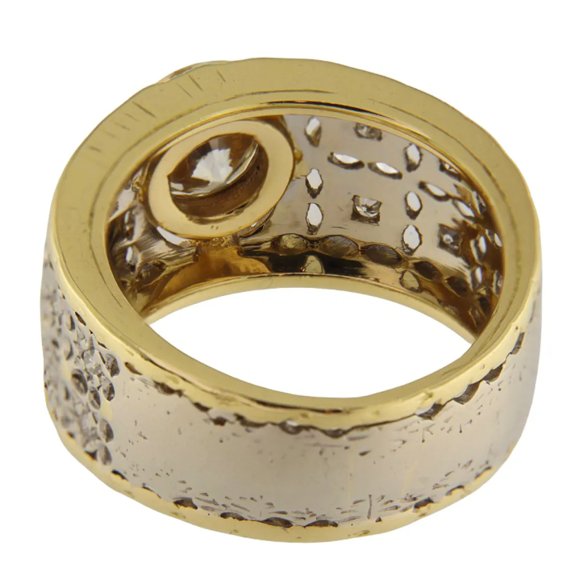 Anello fascia in oro giallo e bianco con diamanti