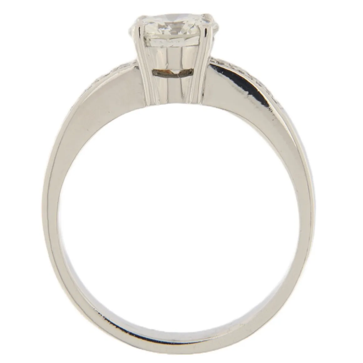 Anello solitario in oro bianco con diamante taglio brillante certificato HRD e brillanti sul gambo