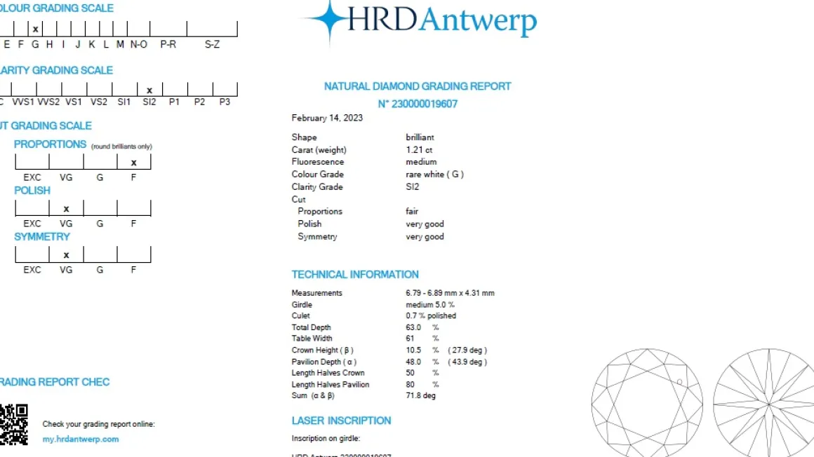 Anello solitario in oro bianco con diamante taglio brillante certificato HRD e brillanti sul gambo