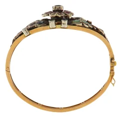 Bracciale stile antico rigido in oro rosa e argento con rubini zaffiri e smeraldi