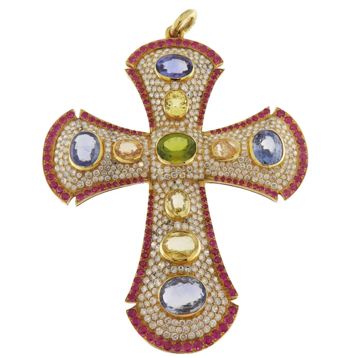 Ciondolo croce in oro giallo con pavé di diamanti, rubini e corindoni