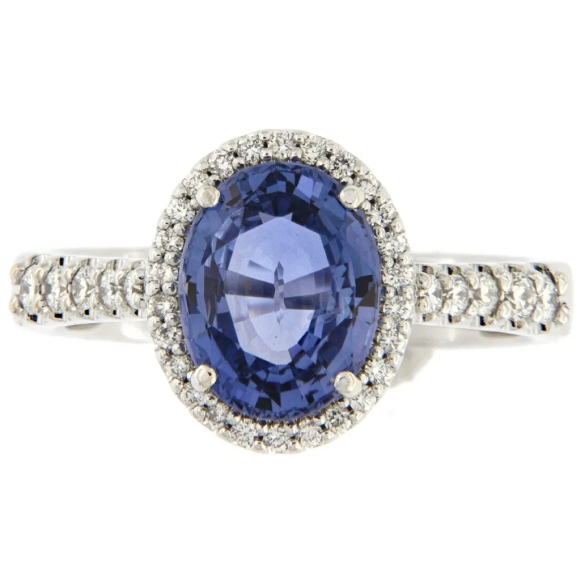 Guidetti | Anello in oro bianco con zaffiro e contorno di diamanti taglio brillante