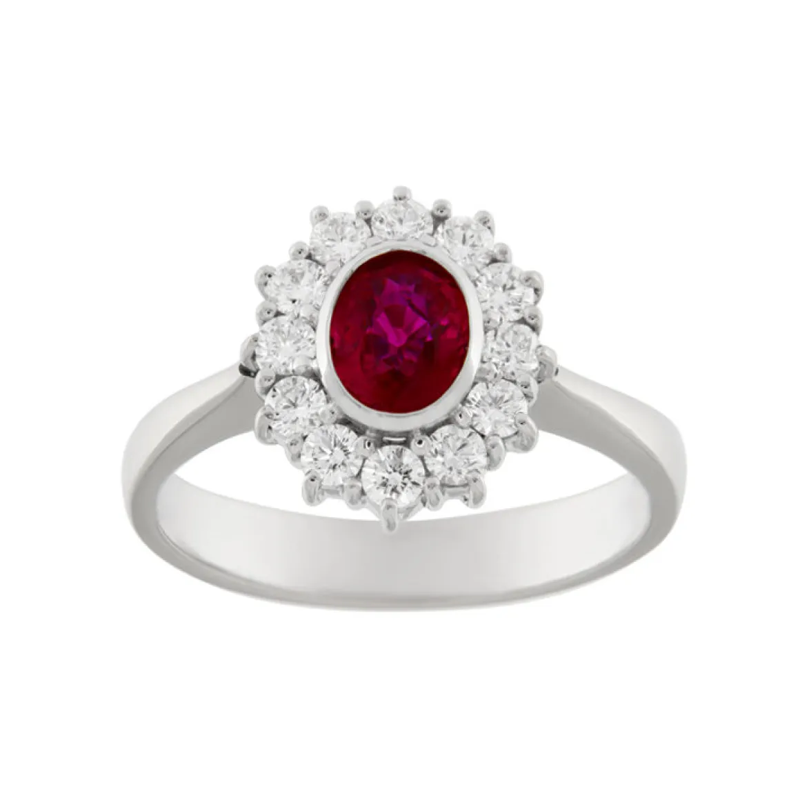 Guidetti | Anello in oro bianco con rubino 0,84 ct e contorno di diamanti